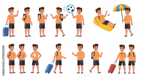 Cartoon male character in summer outfits engaged in various holiday activities and relaxation