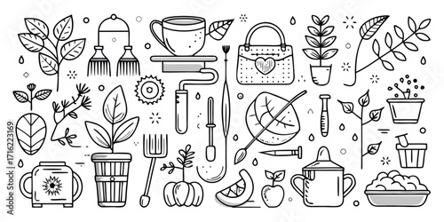 Collection of hand-drawn gardening tools and plants ready for planting and care