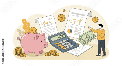Financial planning concept with piggy bank and calculator