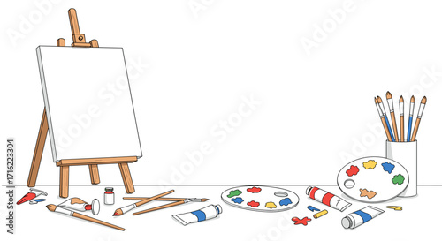 Art studio essentials: easel, paint tubes, brushes, and palette in clean layout