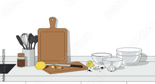 Modern kitchen counter with utensils and ingredients in flat style