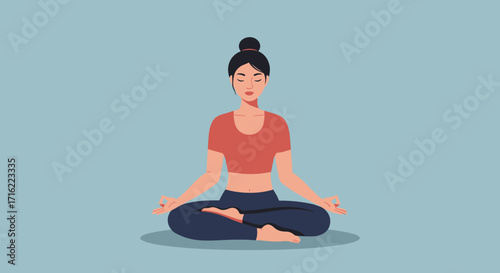 Woman meditating in lotus pose on pastel background