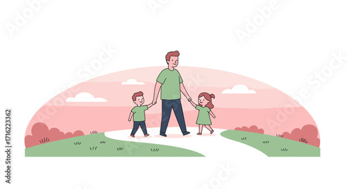 Happy family walk in parkland with father and children in pastel colors
