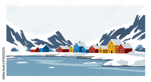 Colorful scandinavian village amid snowy mountains by the sea in flat design