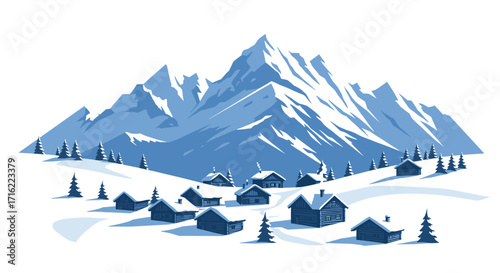 Snowy mountain village scene with alpine houses and pine trees in winter