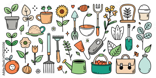 Gardening tools and plants illustration with vibrant colors and sketched details for hobbyists