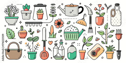 Charming hand-drawn gardening tools and plants collection for your creative projects