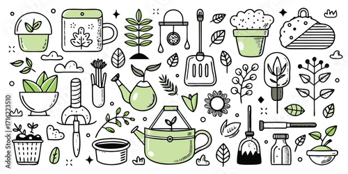 Collection of hand-drawn gardening tools and plants elements for creative design projects