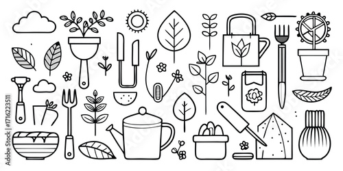 Collection of hand-drawn gardening tools and plants for your garden projects
