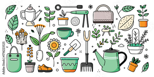 Whimsical collection of gardening tools and plants hand drawn sketch art style
