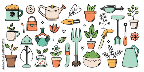 Delightful hand-drawn gardening tools and plants collection for a lush garden