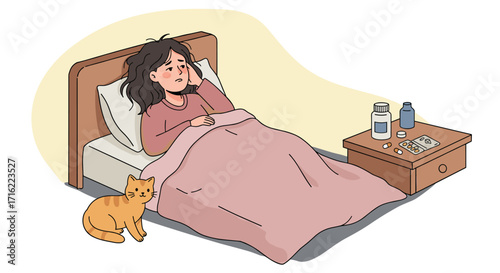 Sick woman resting in bed with medicine and cat for comfort