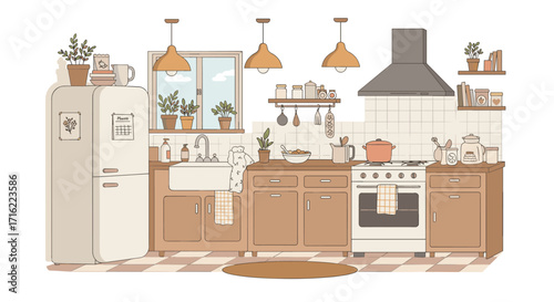 Cozy retro kitchen interior with vintage appliances and plants in flat style