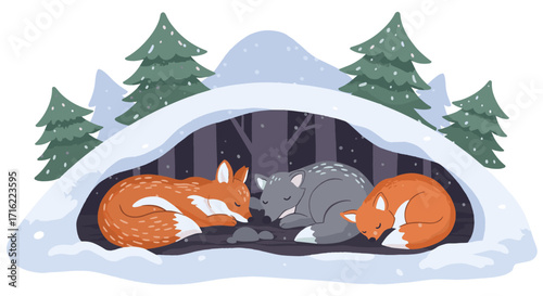 Cozy winter den: foxes and wolf resting in snowy forest scene