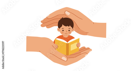 Protective hands cradling a child reading a book