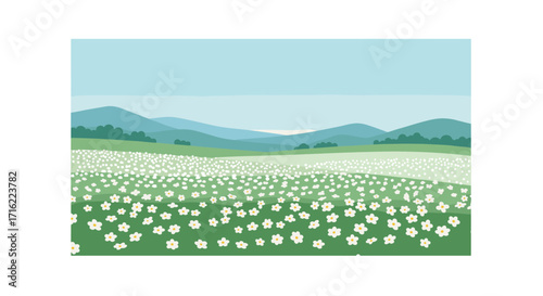 Peaceful landscape with rolling hills and flower field in flat design