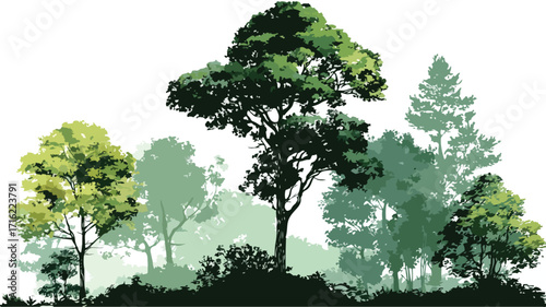 Ethereal Green Forest Trees Silhouette in Serene Natural Landscape