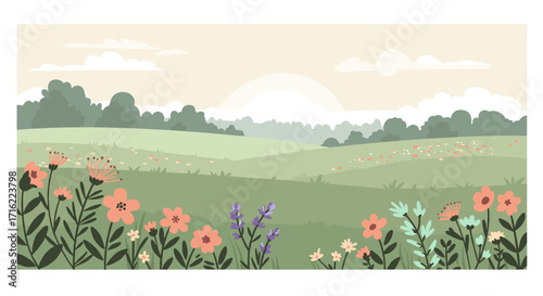 Tranquil spring meadow with wildflowers and rolling hills in soft pastel colors