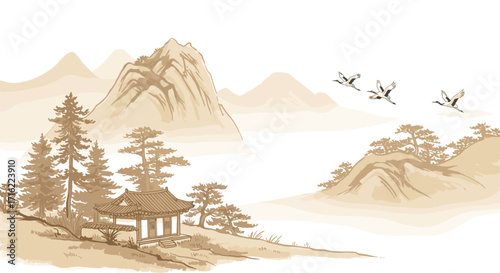 Tranquil asian landscape with mountains, pine trees, and flying cranes in traditional ink art style