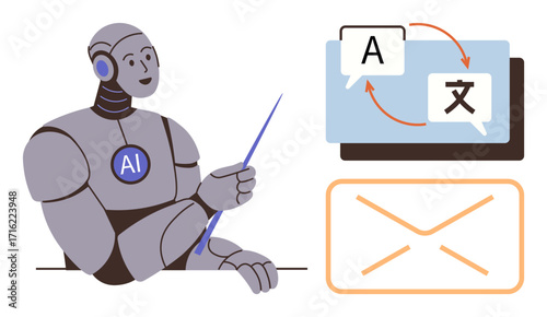 AI robot holding a pointer beside translation speech bubbles, screen, and email envelope icon. Ideal for communication, AI tools, tech, global outreach, education translation automation. Simple