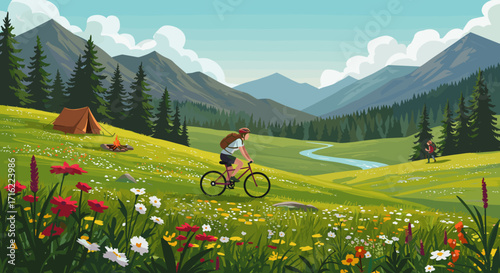 Cyclist exploring scenic mountain valley with wildflowers and camp in a summer landscape