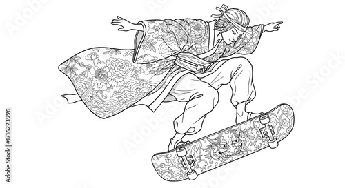 Samurai in traditional robe performing skateboard trick in intricate line art