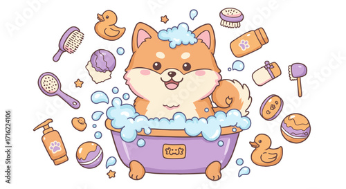 Cute cartoon dog enjoying bath time surrounded by soap bubbles and bath toys