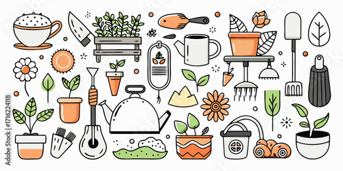 Charming sketch collection of essential gardening tools and plants for hobbyists