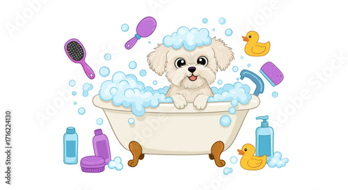 Cute fluffy dog enjoys bath time in bubble-filled tub with duck toys and grooming supplies