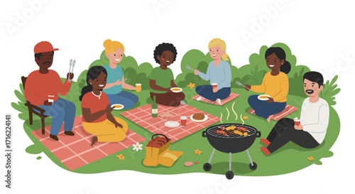 Diverse friend group enjoying outdoor barbecue picnic together in park setting