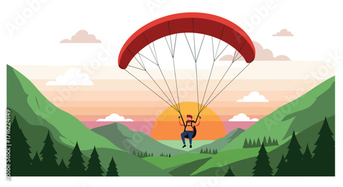 Sunset paraglider adventure over green mountains in flat design
