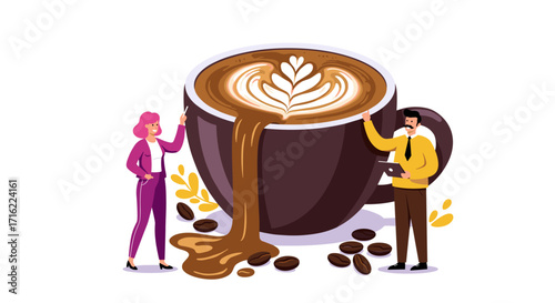 Gigantic latte with people: whimsical coffee art in modern style