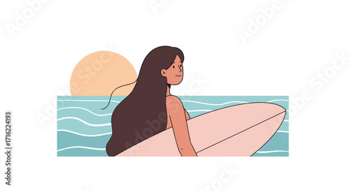 Woman with surfboard at sunset on ocean waves in minimalist style