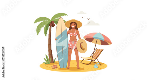 Summer beach scene with surfer girl, umbrella, and palm tree in flat style