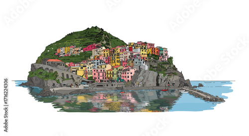 Colorful coastal village with reflections and rocky landscape