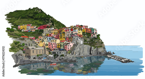 Picturesque coastal village with colorful houses on a cliff by the sea
