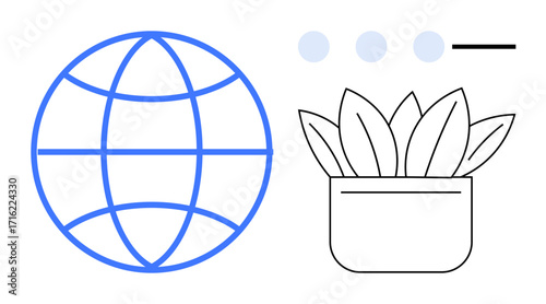 Blue globe with grid outlines connectivity, paired with potted plant for sustainability and growth. Ideal for ecology, technology, globalization, environment, nature, innovation teamwork. Simple