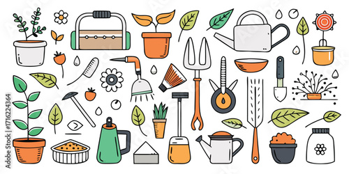 Drawn collection of gardening tools and supplies for a thriving garden