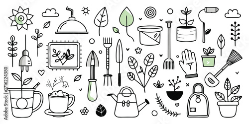 Whimsical hand-drawn gardening tools and plants collection for creative projects