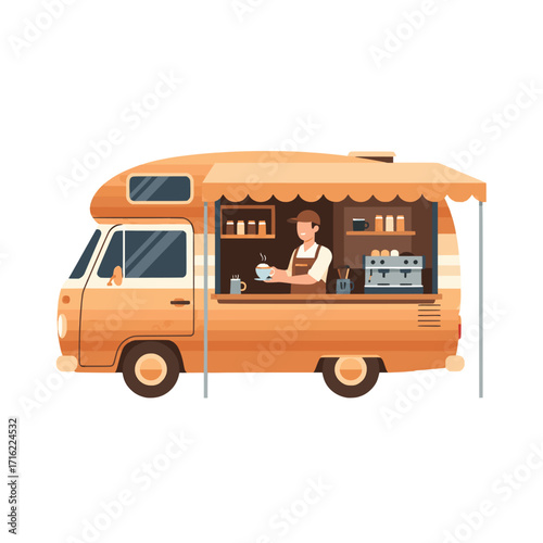Friendly barista serving fresh hot coffee from a vintage-style mobile food truck, representing a small business or street cafe concept