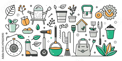 Collection of diverse gardening tools and supplies for cultivation and garden maintenance