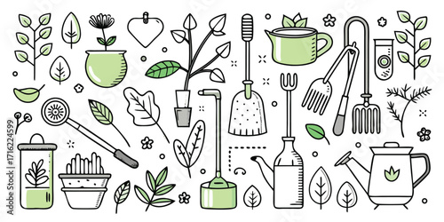 Whimsical line drawing collection of essential gardening tools and plants for green thumbs