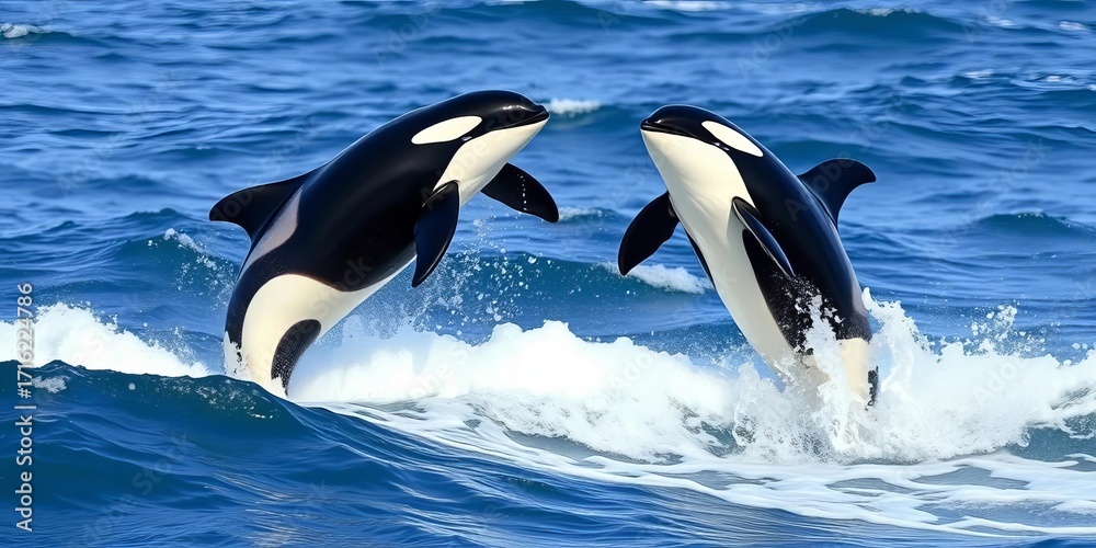 Obraz premium Two orcas breach, playful mid-air acrobatics amidst surging ocean waves, orcas, sea