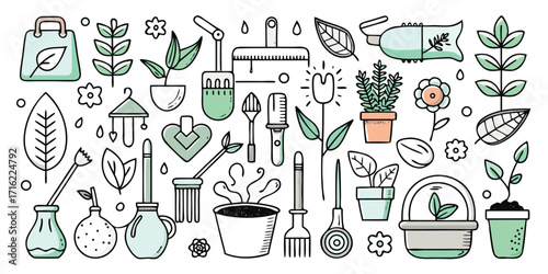 Collection of hand-drawn gardening tools plants and supplies for garden enthusiasts