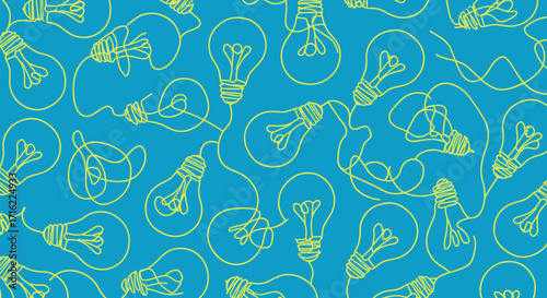 Bright idea seamless pattern with continuous line light bulbs on blue background