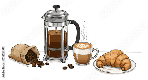 Cozy morning coffee scene with french press and croissant