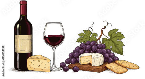 Wine and cheese with grapes and crackers in hand drawn style
