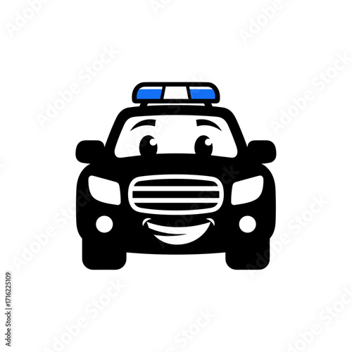 Cute Cartoon Police Car Character with Happy Face and Blue Lights.