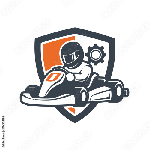 Go Kart Racing Emblem with Driver and Gear Icon.