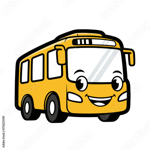 Cute Yellow School Bus Character with Smiling Face.